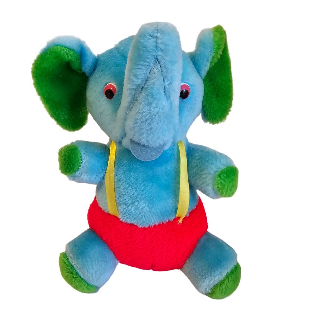 STI Elephant Plush Stuffed Animal Blue Red Yellow Suspenders Color Block Vintage
